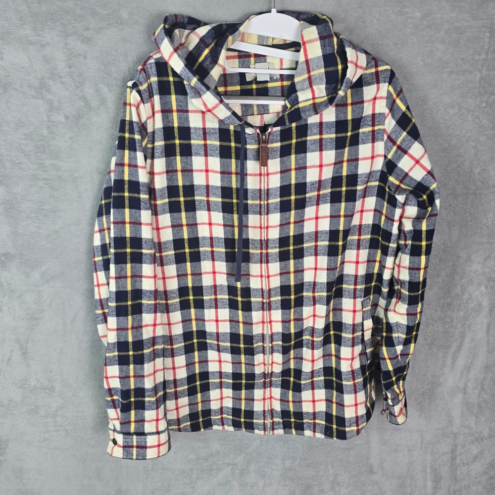 LL Bean Relaxed Fit Plaid Flannel Full Zip Hoodie Navy Red Yellow 502092 Mens L